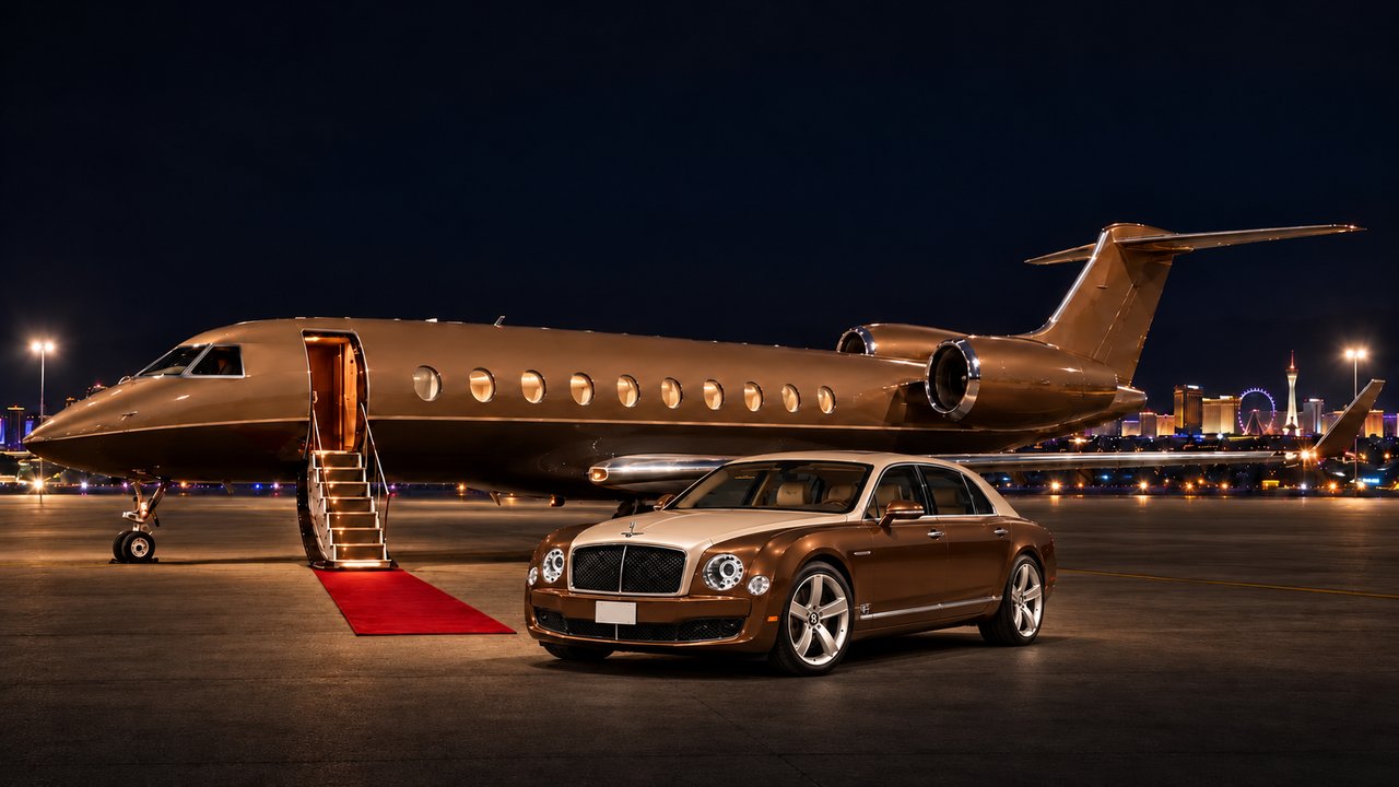 A brown and champagne Bentley sedan parked beside a brown private jet with its stairs down and a short red carpet, Las Vegas skyline at night.